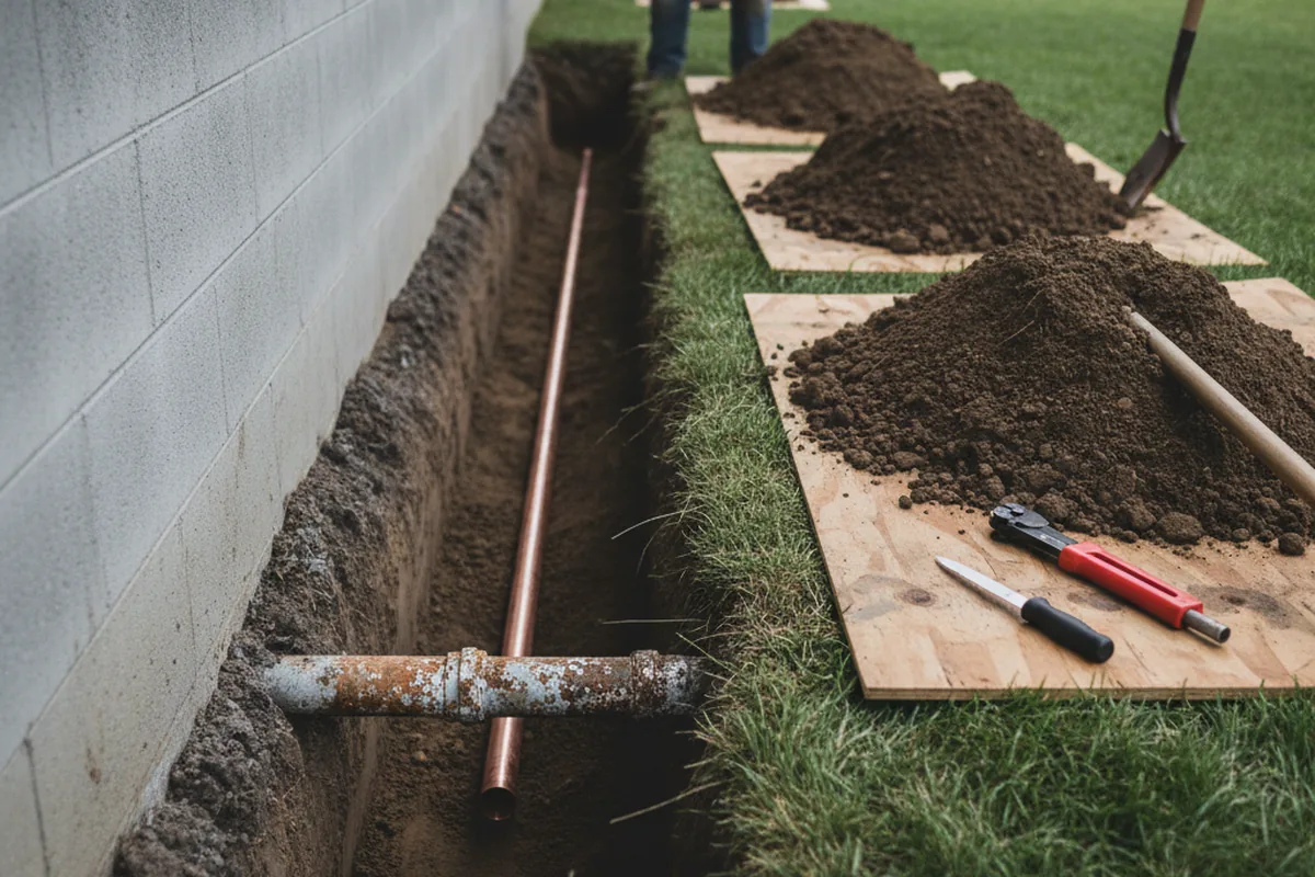 Excavated water line trench during Sewer Line Repair in Homer